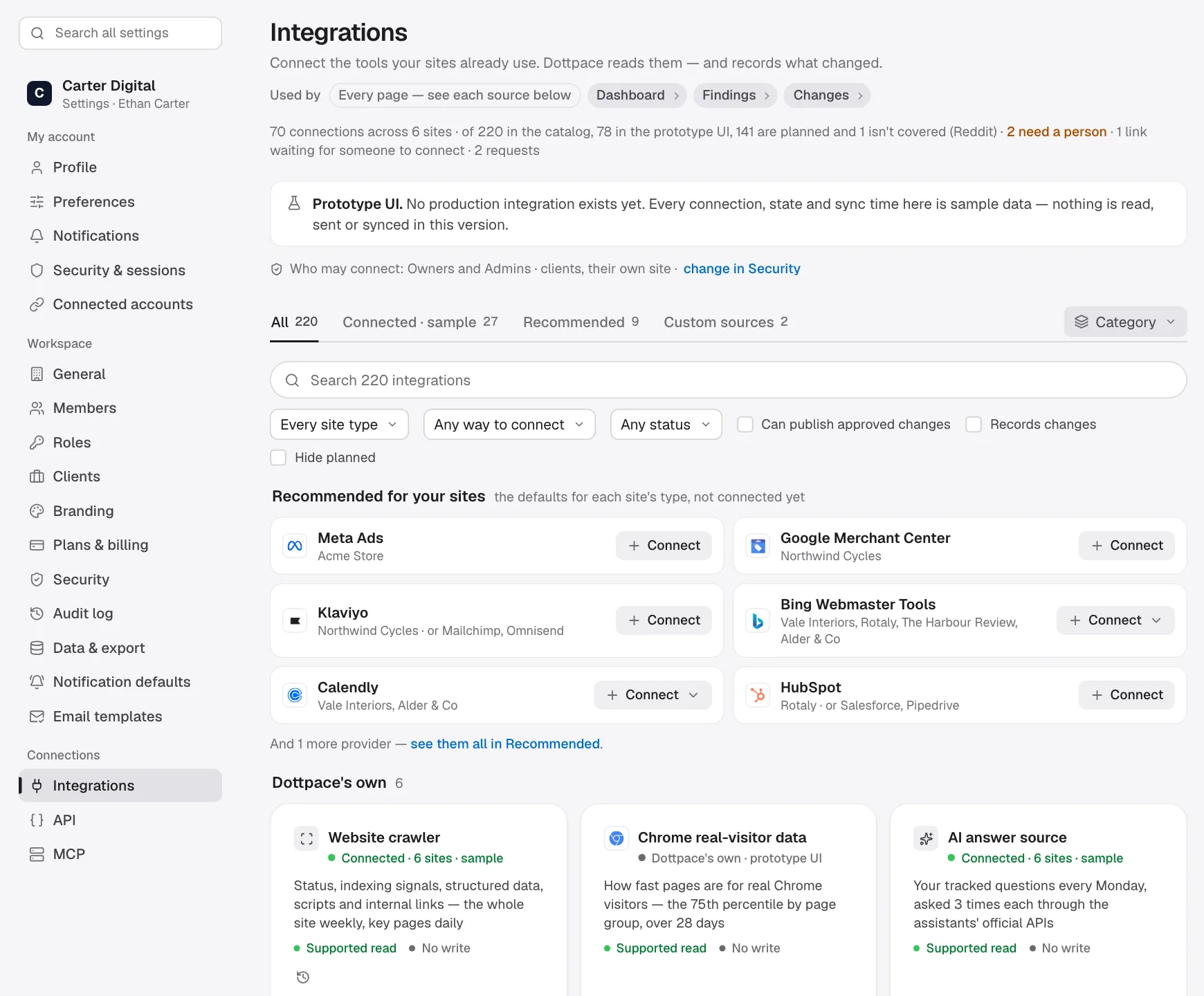 The Integrations catalog: search, analytics, commerce, CMS, payments, email, ads and more, each with its state.